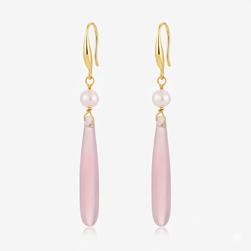 Long Dangle Pink Quartz & Baby Fresh Water Pearl Earrings