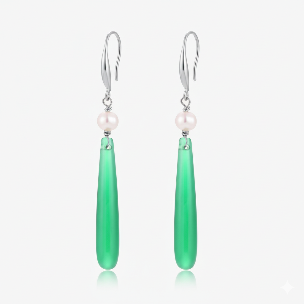 Long Dangle Green Jade & Baby Fresh Water Pearl Earrings