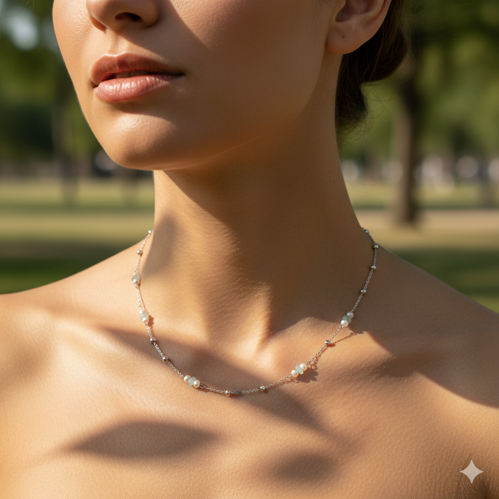 Stationary Design Fresh Water Pearl & Jade Necklace