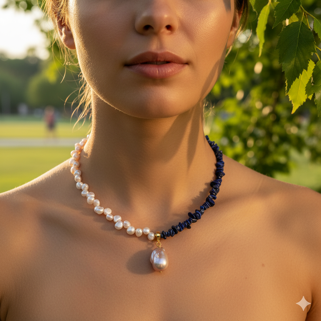 Half Natural Lapis & Half Fresh Water Pearl Necklace