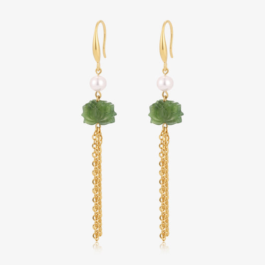 Long Dangle Flower Jade & Fresh Water Pearl Earrings