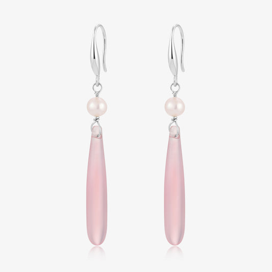 Long Dangle Pink Quartz & Baby Fresh Water Pearl Earrings