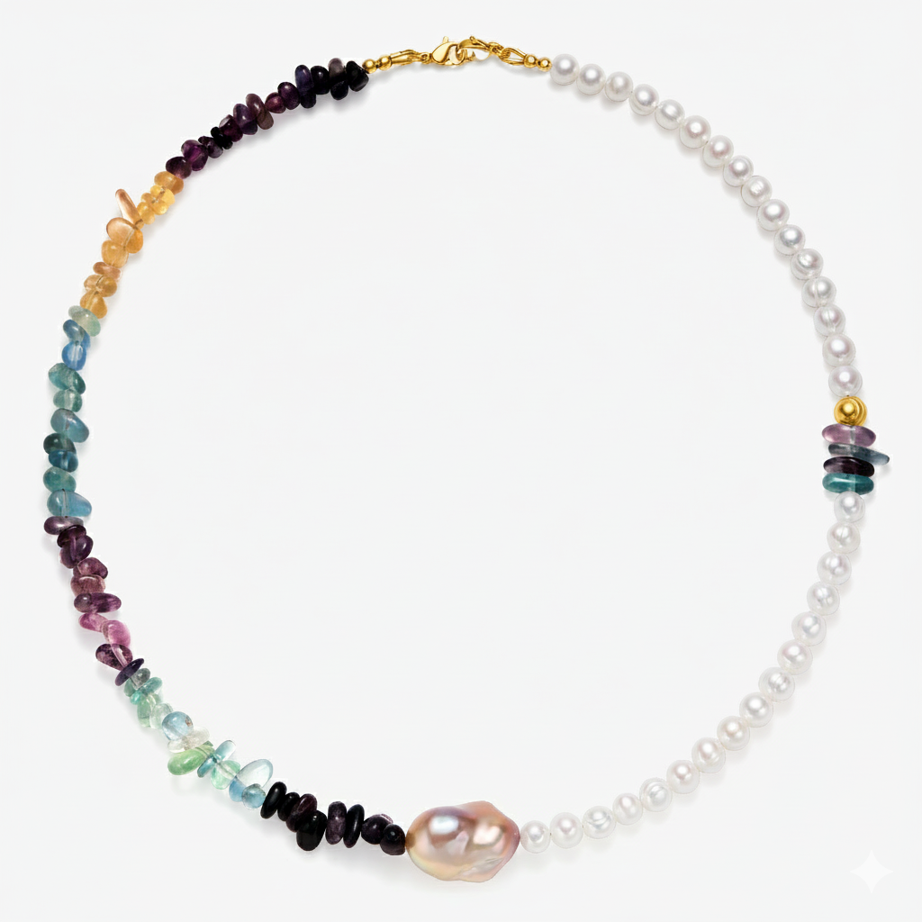 Aria Natural Stone & Pearl Necklace: Fluorite