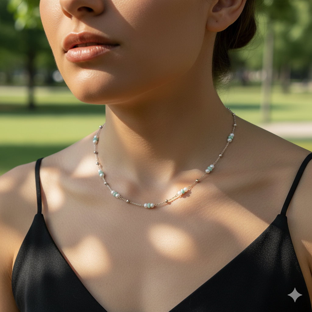 Stationary Design Fresh Water Pearl & Turquoise Necklace