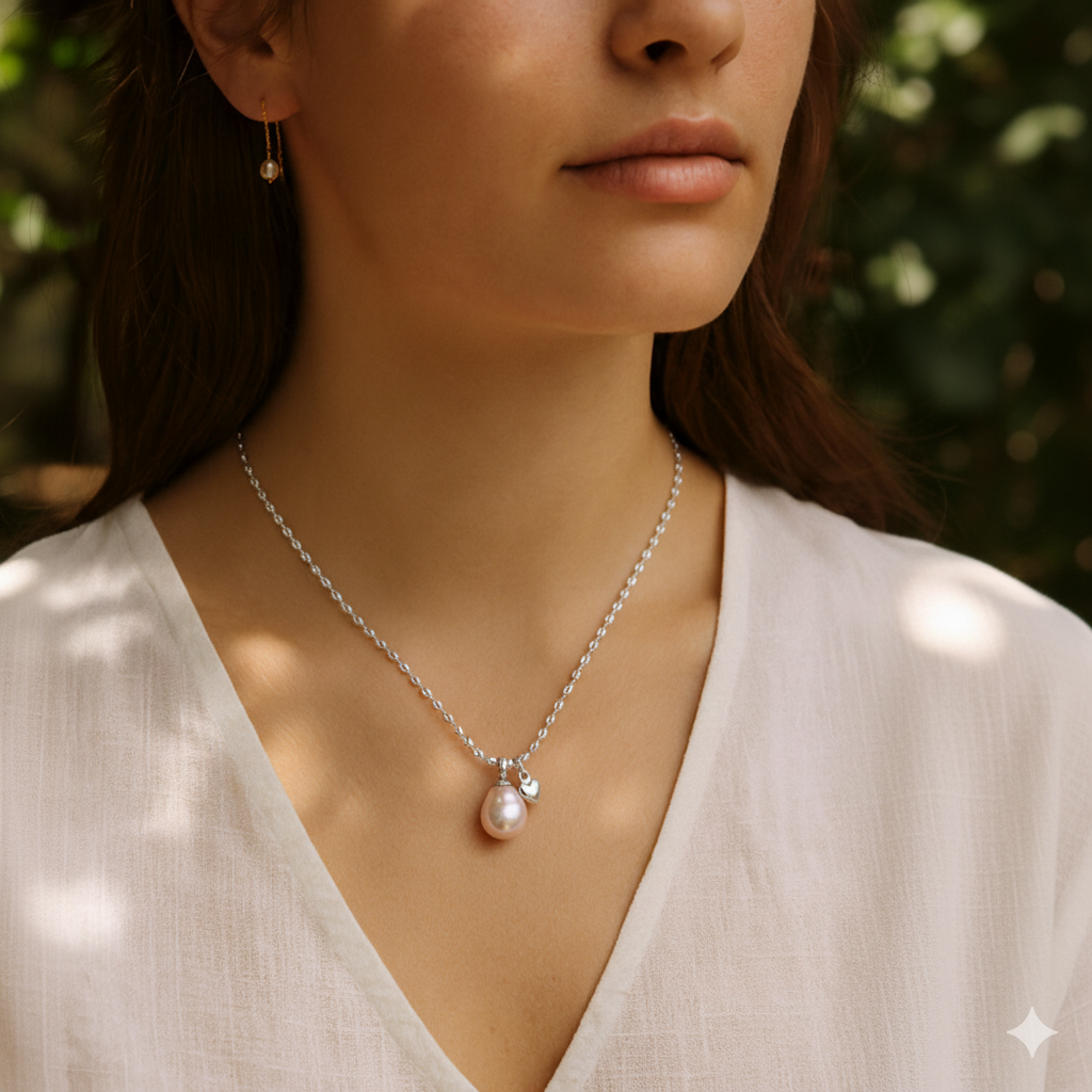 Dangle Heart And Rice Shape Fresh Water Pearl Necklace